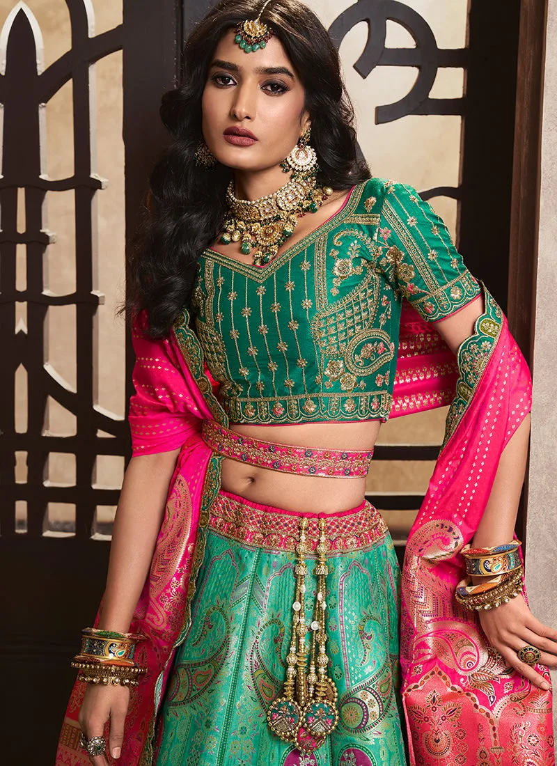 Green And Pink Traditional Embroidered Bridal Lehenga Choli