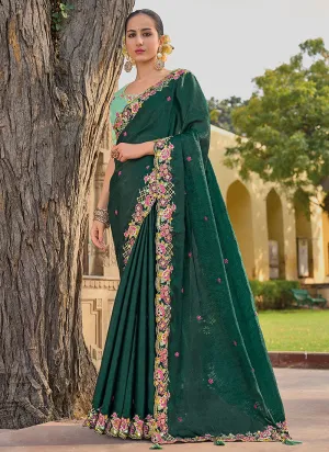 Green Two Tone Multi Embroidery Wedding Organza Silk Saree