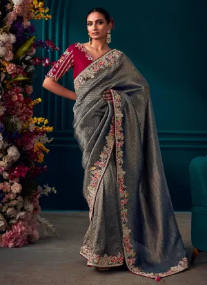 Grey And Red Multi Embroidered Traditional Silk Saree