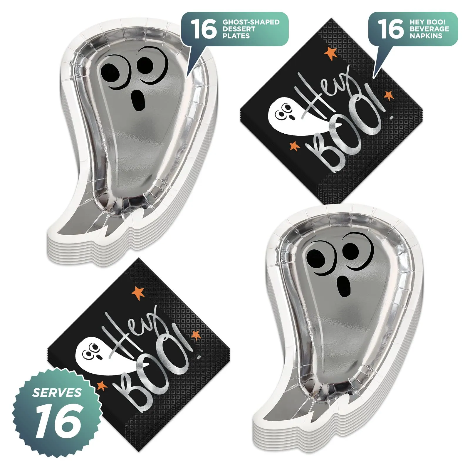 Halloween Party Ghost Shaped Metallic Paper Plates and Hey Boo Napkins (Serves 16)