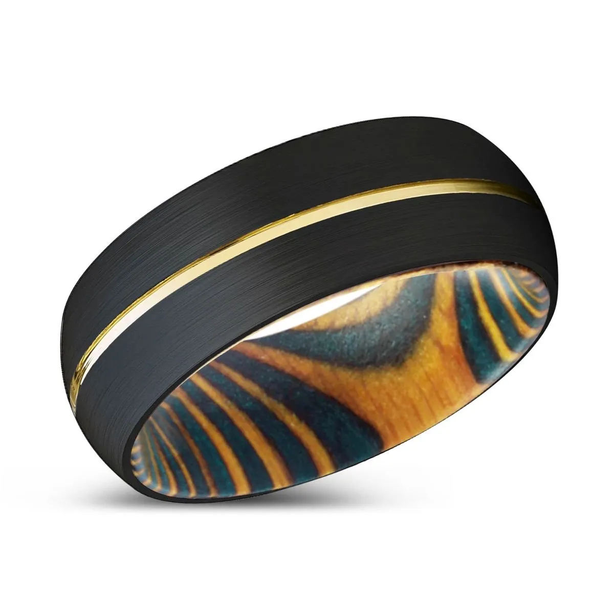 HERMAX | Green & Yellow Wood, Black Tungsten Ring, Gold Groove, Domed