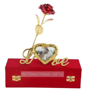 INTERNATIONAL GIFT® Rose Flower and Heart Photo Frame Love Shape Stand and Luxury Gift Box (Red)