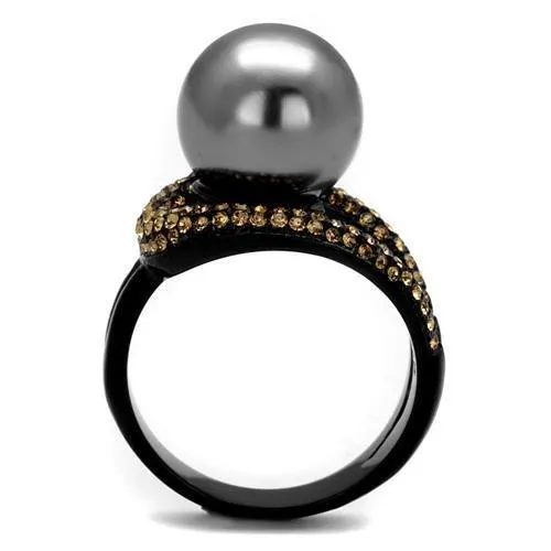 IP Black(Ion Plating) Stainless Steel Ring with Synthetic Pearl in Gray for Women Style TK2350