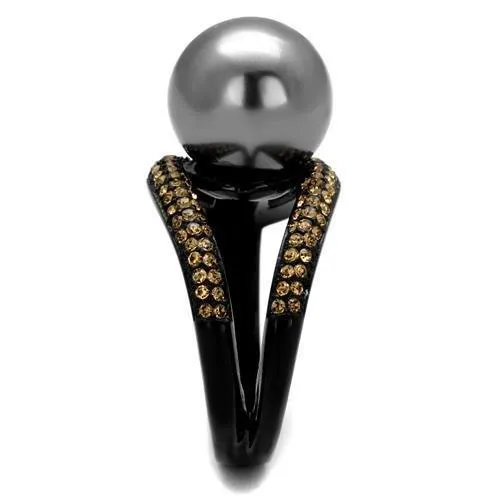 IP Black(Ion Plating) Stainless Steel Ring with Synthetic Pearl in Gray for Women Style TK2350