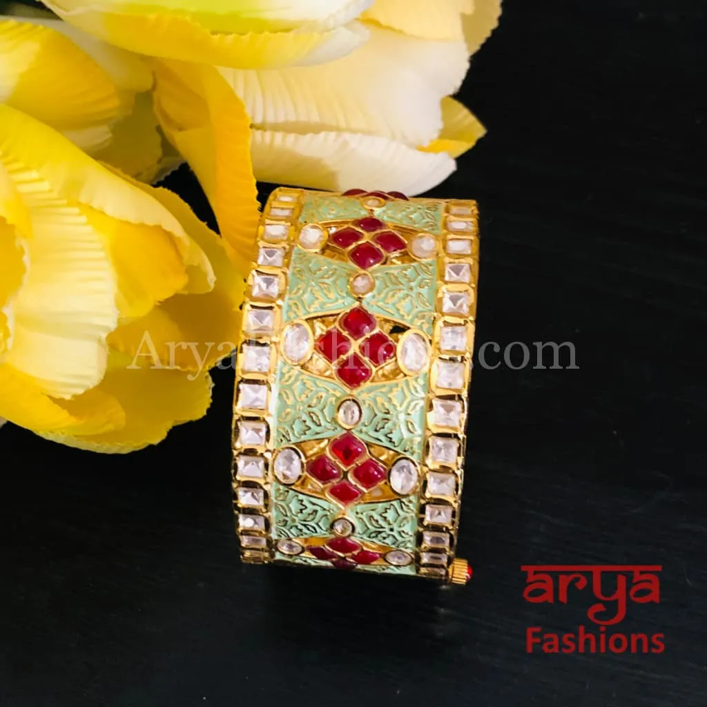 Ivory Meenakari Kundan Bracelet with Red Stone/ Mint Green Kundan Bracelet