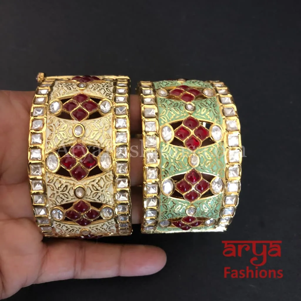 Ivory Meenakari Kundan Bracelet with Red Stone/ Mint Green Kundan Bracelet