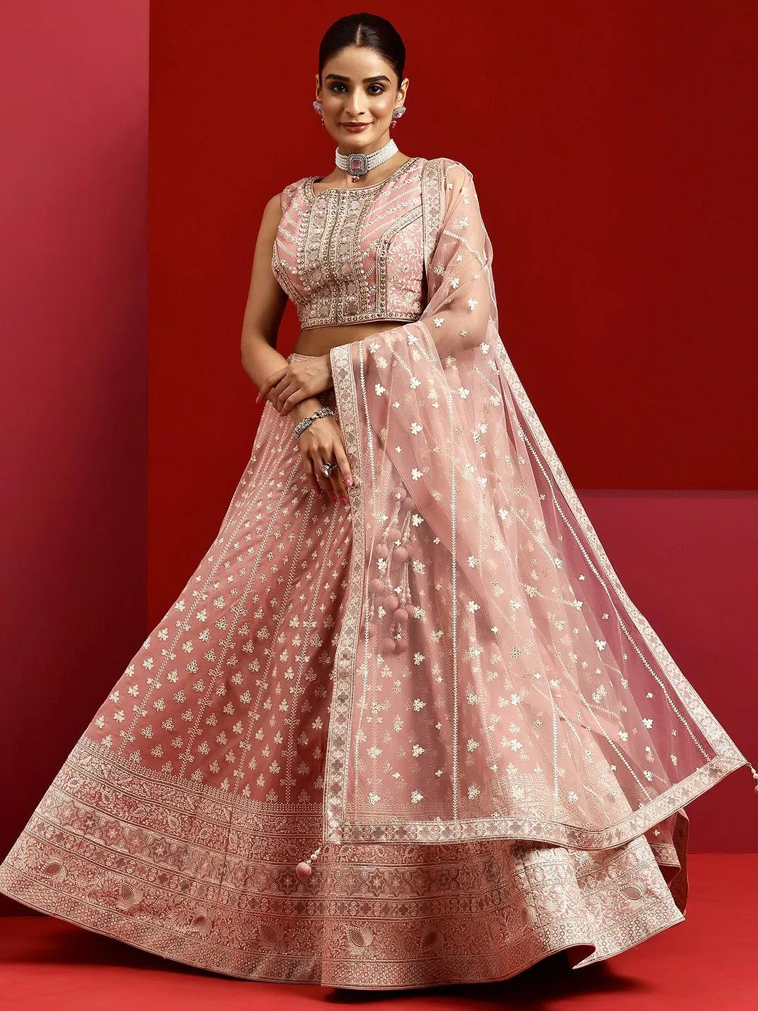 Jashvi Art Pink Embroidered Silk Blend Lehenga Set