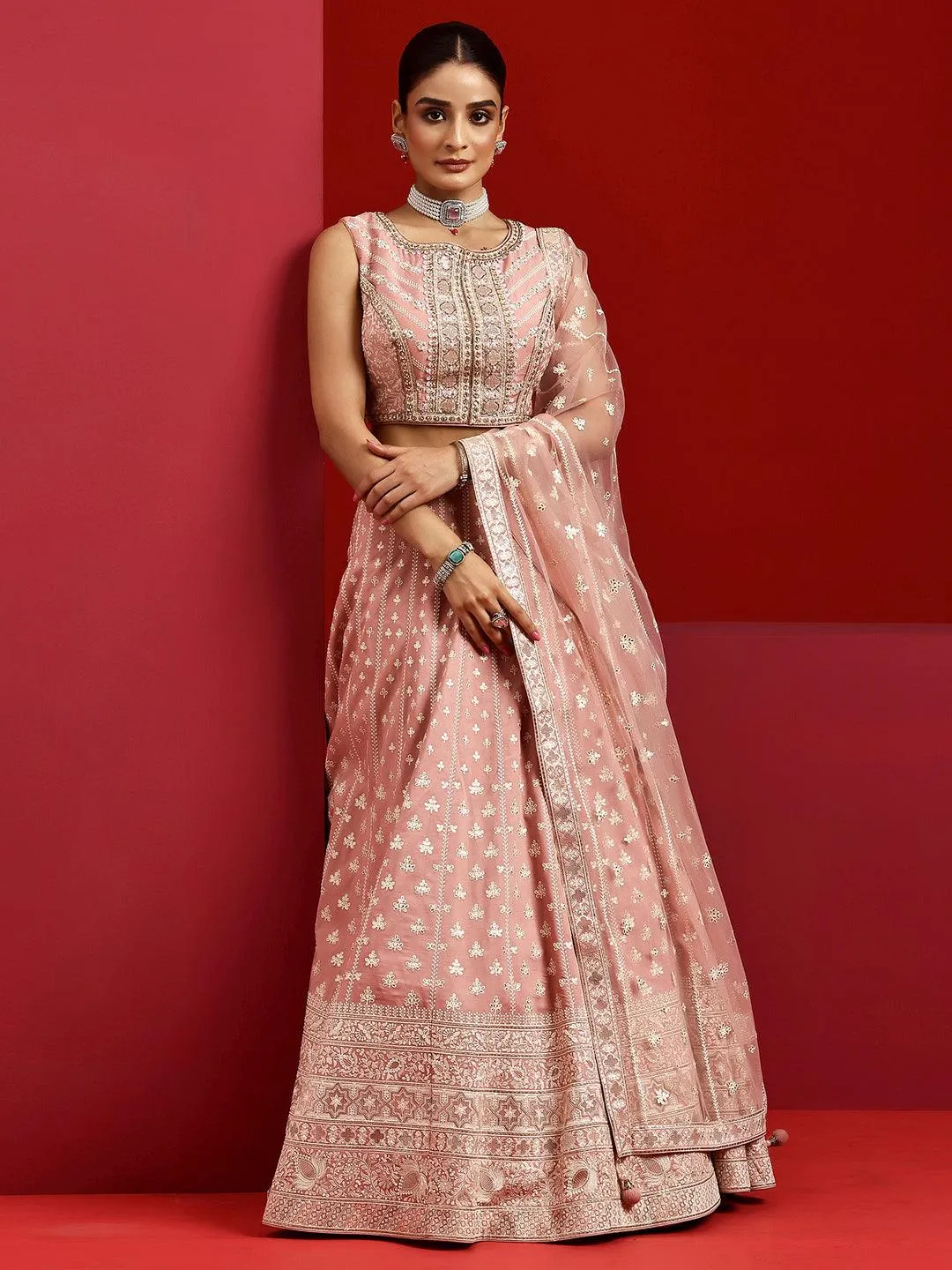 Jashvi Art Pink Embroidered Silk Blend Lehenga Set