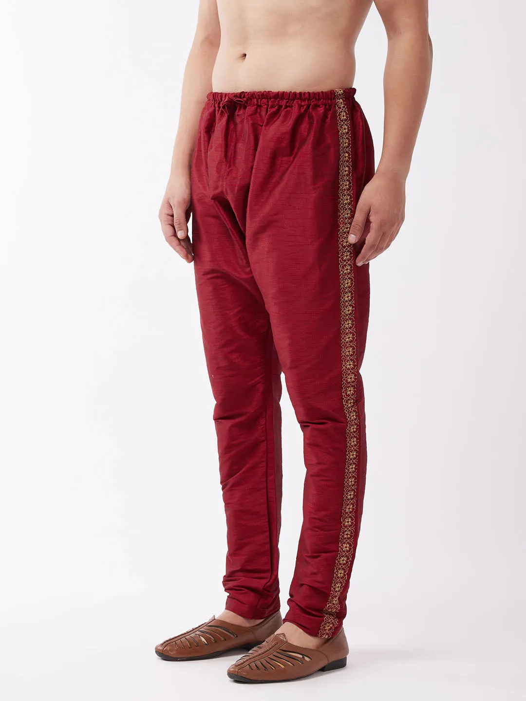 Jashvi Men's Maroon Silk Blend Embroidered Pyjama