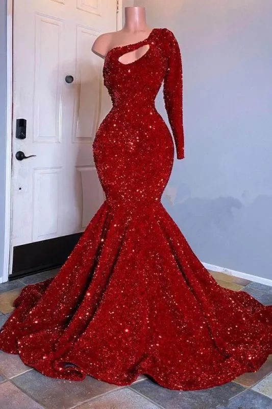 kamahe Amazing Red Long Sleeves Prom Dress One-Shoulder Mermaid With Sequins