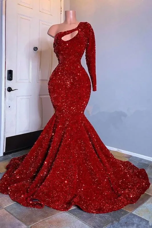 kamahe Amazing Red Long Sleeves Prom Dress One-Shoulder Mermaid With Sequins