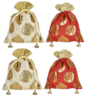 Kuber Industries Leaf Design Potli Bags Handbags for Women Gifting Wristlets for Wedding, Festival, Kitty Subh Shagun-Pack of 4 (Gold & Red)