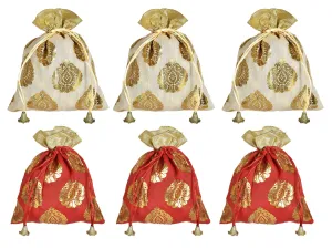 Kuber Industries Leaf Design Potli Bags Handbags for Women Gifting Wristlets for Wedding, Festival, Kitty Subh Shagun-Pack of 6 (Gold & Red)