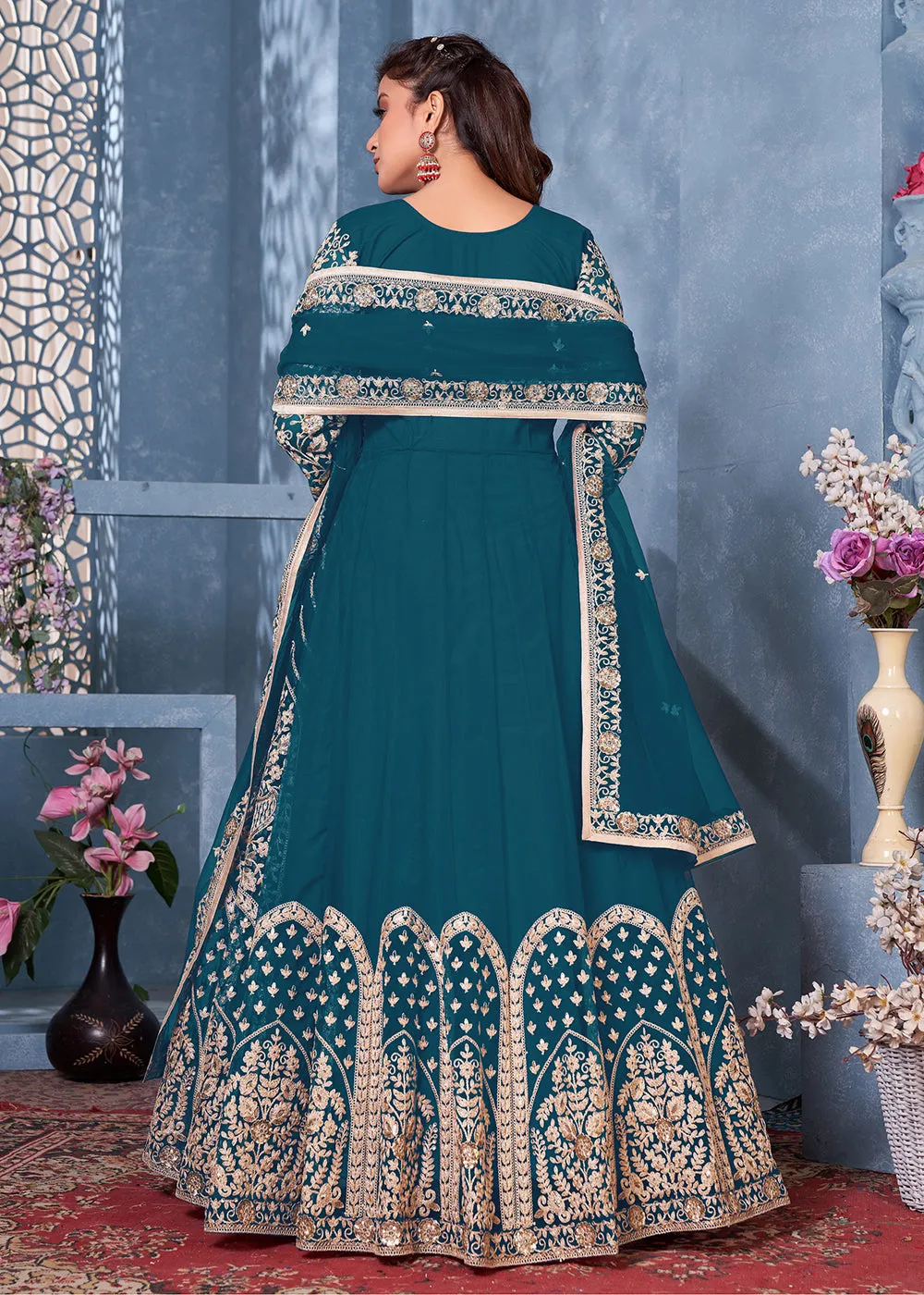 Lagoon Blue Net Abaya Style Heavy Embroidered Anarkali Suit