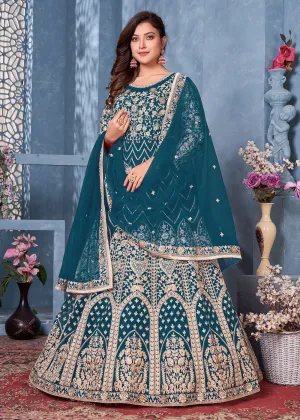 Lagoon Blue Net Abaya Style Heavy Embroidered Anarkali Suit