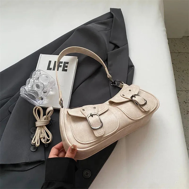 LEFTSIDE Fashion Double pockets Design PU Leather Shoulder Bag for Women 2023 Tend Female Crossbody Bag Underarm Bags Handbags