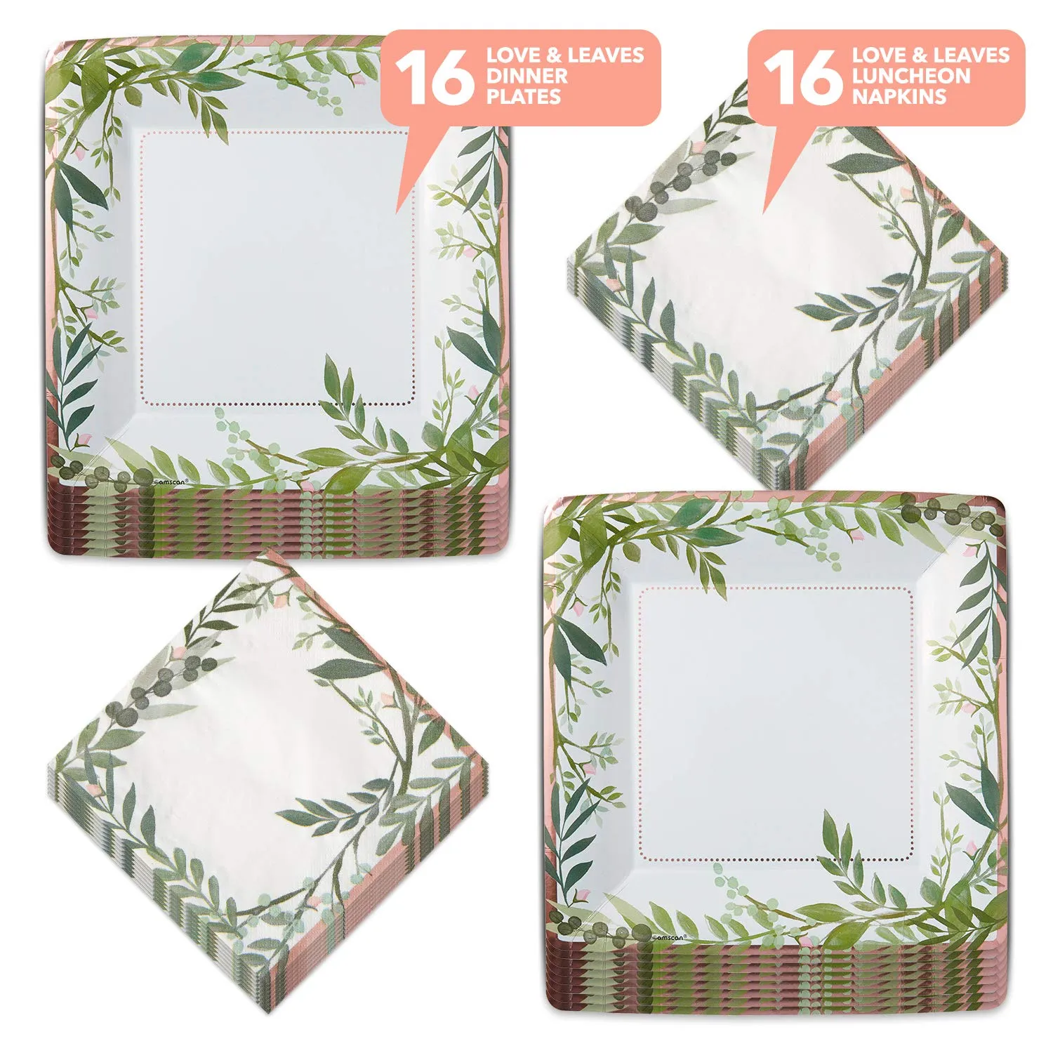 Love and Green Leaves Gold Metallic Square Bridal Dinner Plates and Luncheon Napkins (Serves 16)