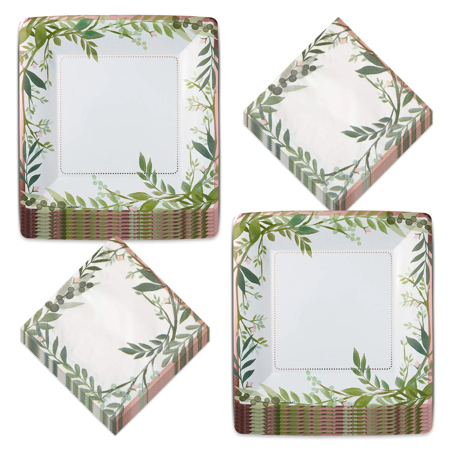 Love and Green Leaves Gold Metallic Square Bridal Dinner Plates and Luncheon Napkins (Serves 16)