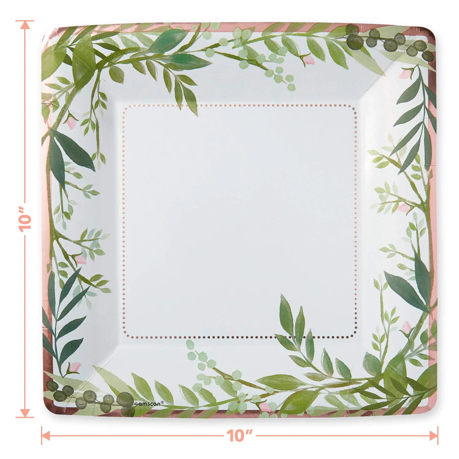 Love and Green Leaves Gold Metallic Square Bridal Dinner Plates and Luncheon Napkins (Serves 16)