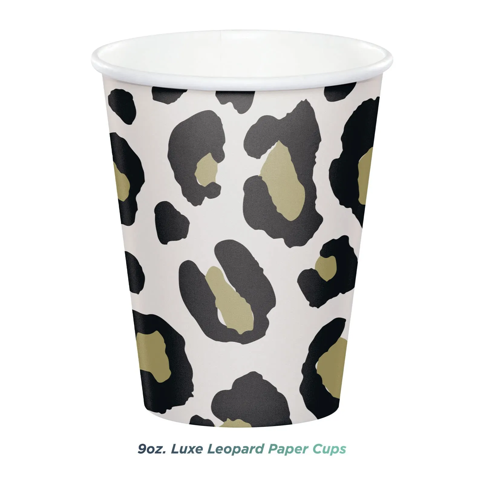 Luxe Leopard Dessert Party Paper Dessert Plates, Napkins, Cups, and Pearlized Mini Balloons (Serves 16)