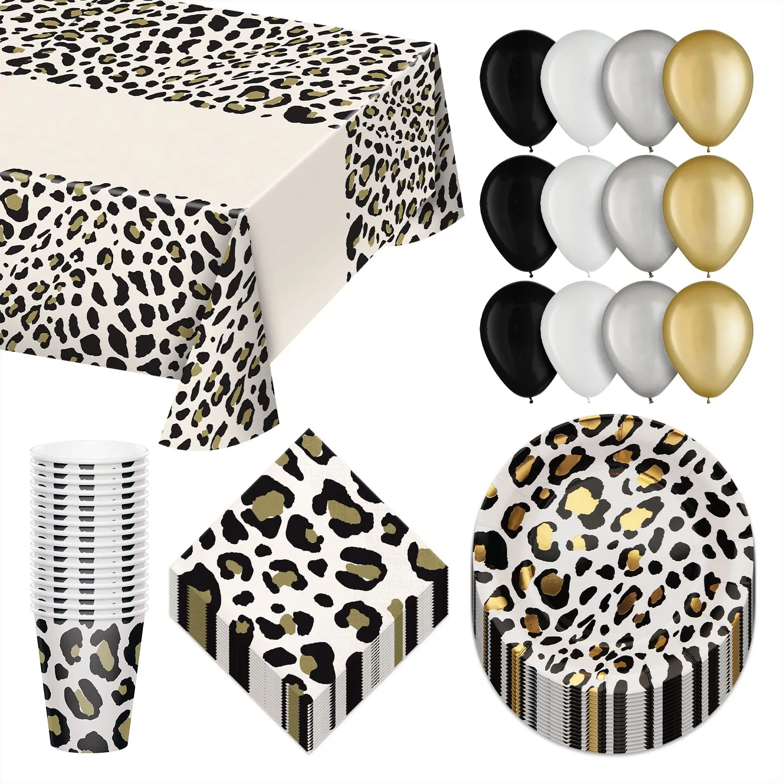 Luxe Leopard Dessert Party Paper Dessert Plates, Napkins, Cups, and Pearlized Mini Balloons (Serves 16)