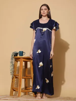 Luxurious Navy Blue Satin Nighty - Designer Sleepwear