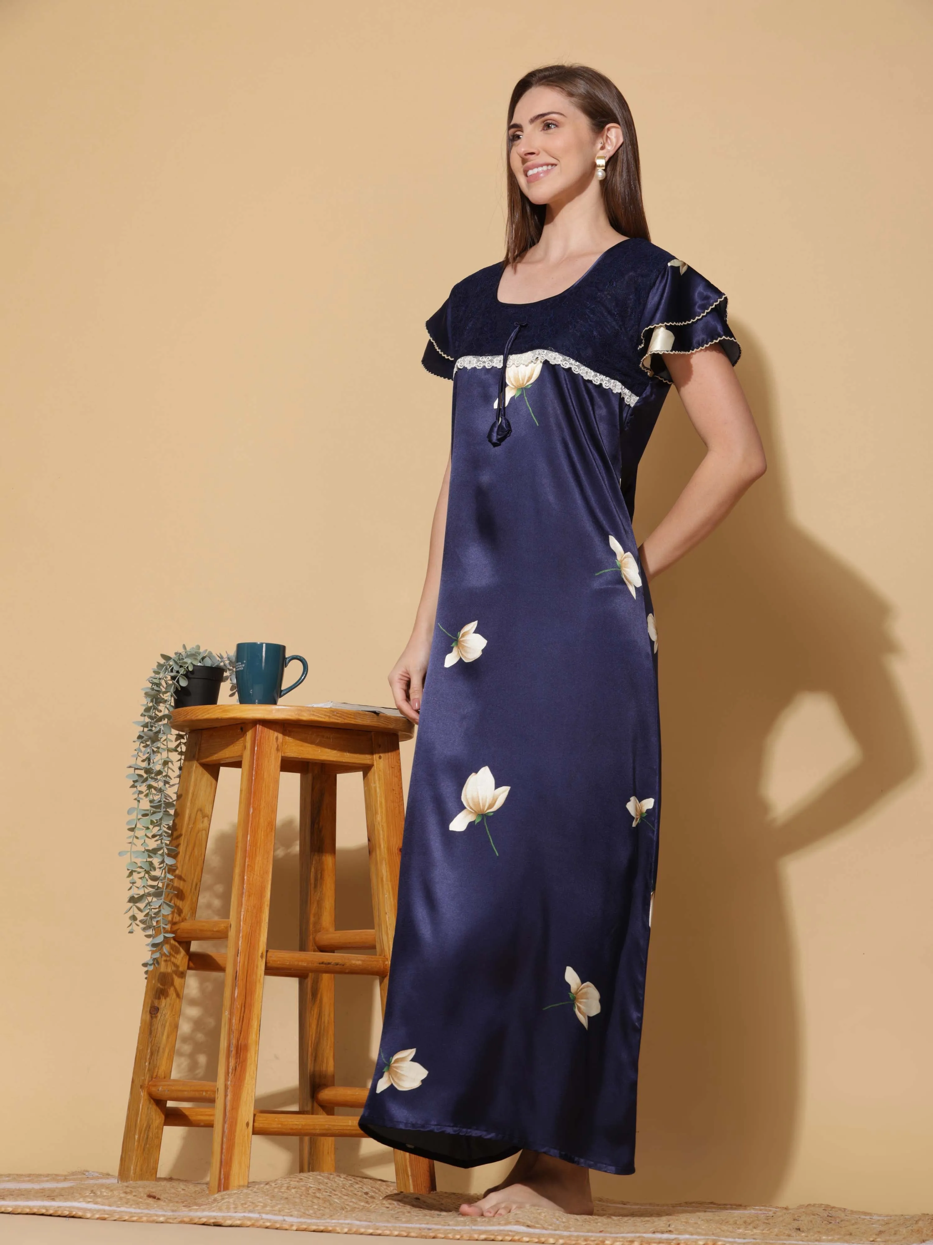 Luxurious Navy Blue Satin Nighty - Designer Sleepwear