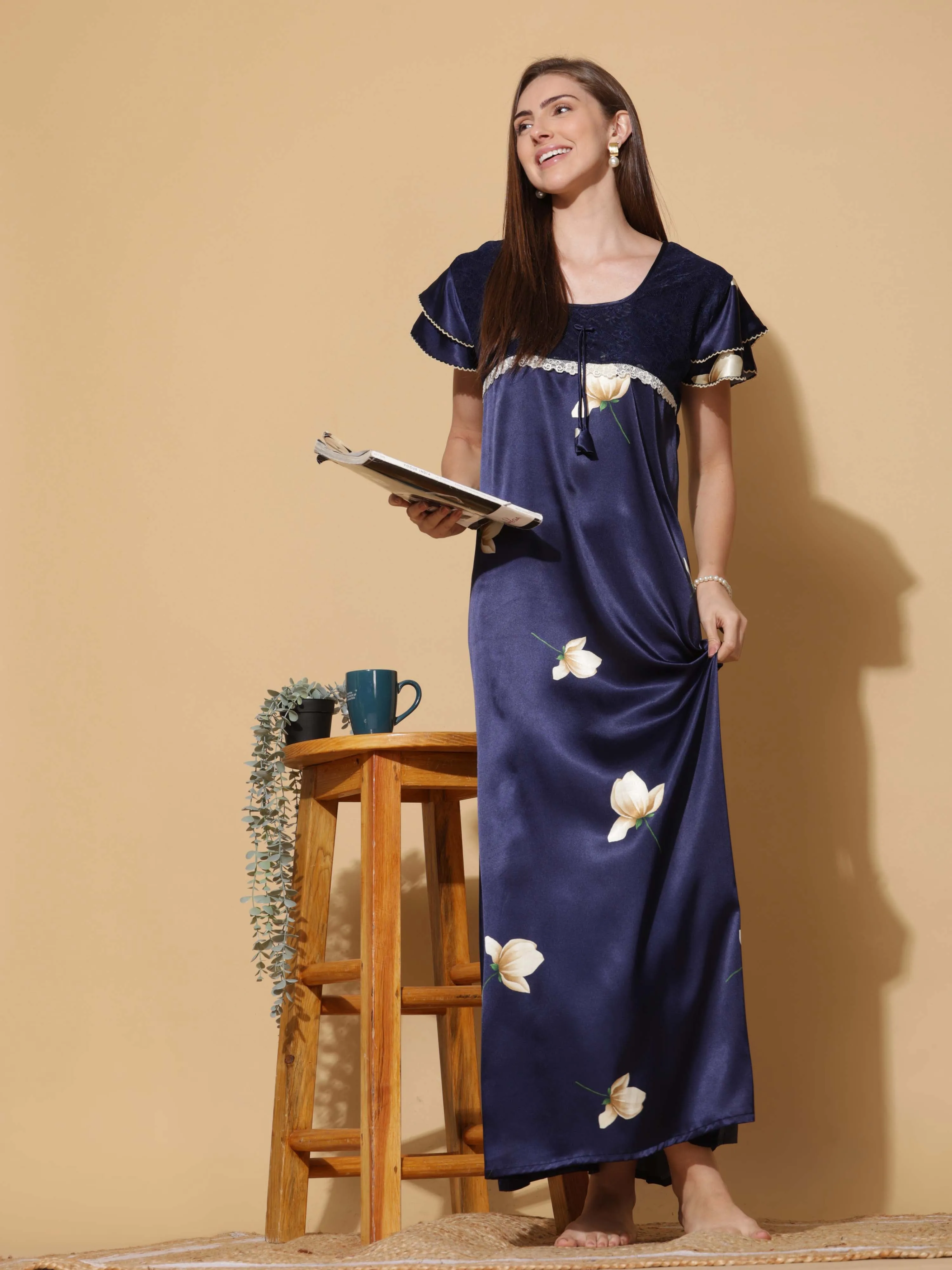 Luxurious Navy Blue Satin Nighty - Designer Sleepwear