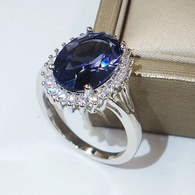 Luxury Classic Crystal Ring with Blue Princess Cut Stone in 925 Silver