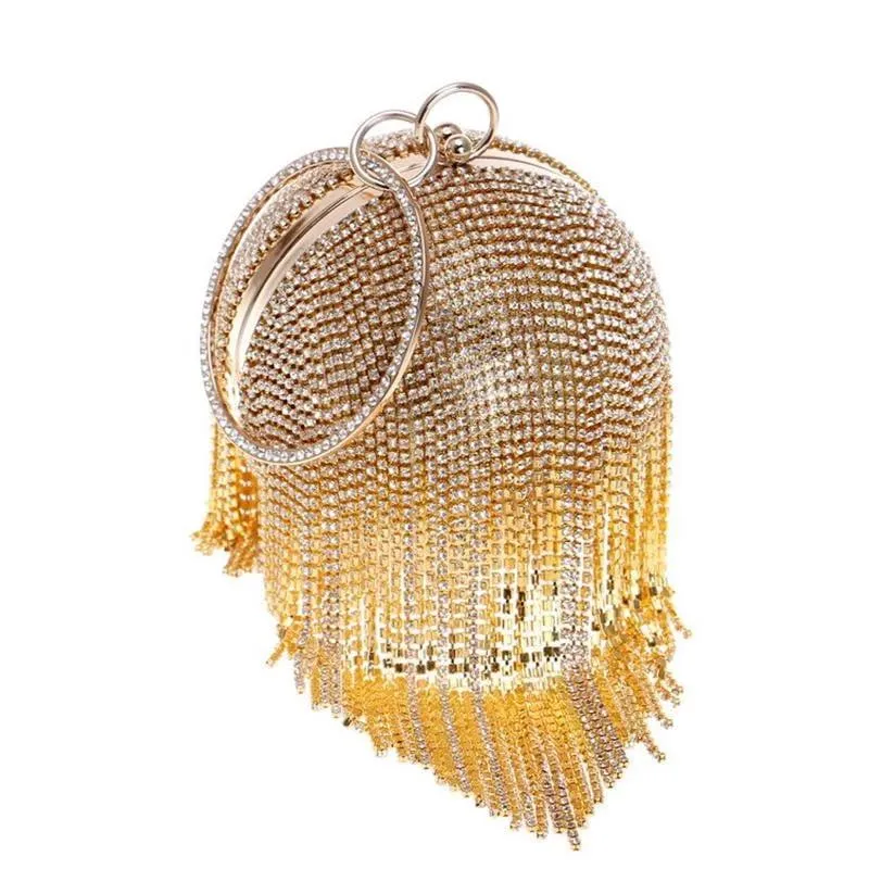 Luxy Moon Round Shaped Full Rhinestone Evening Bag with Tassel