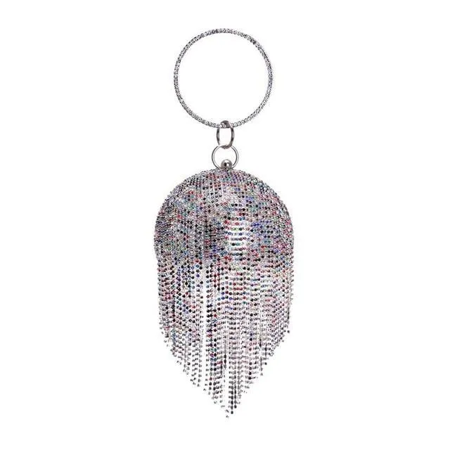 Luxy Moon Round Shaped Full Rhinestone Evening Bag with Tassel