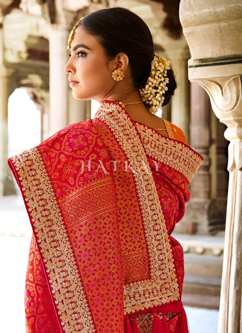 Maroon And Orange Multi Embroidered Silk Saree