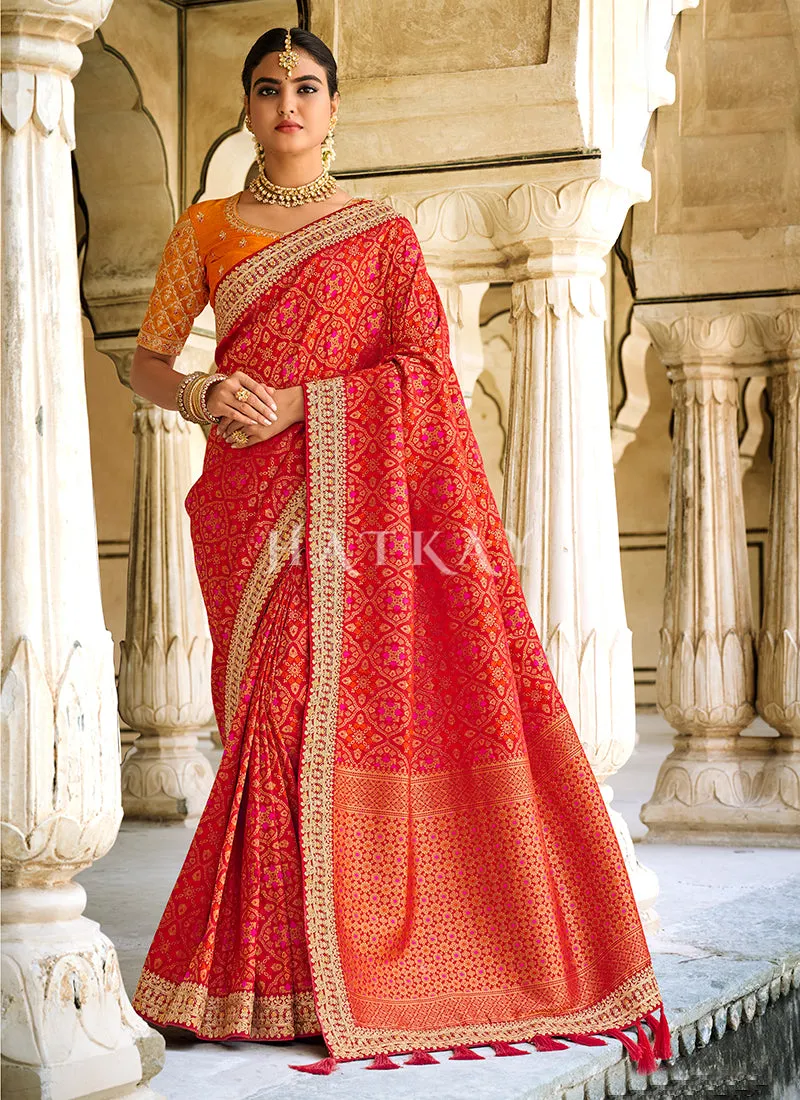 Maroon And Orange Multi Embroidered Silk Saree