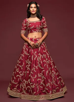 Maroon Zari Embroidered Silk Lehenga Choli