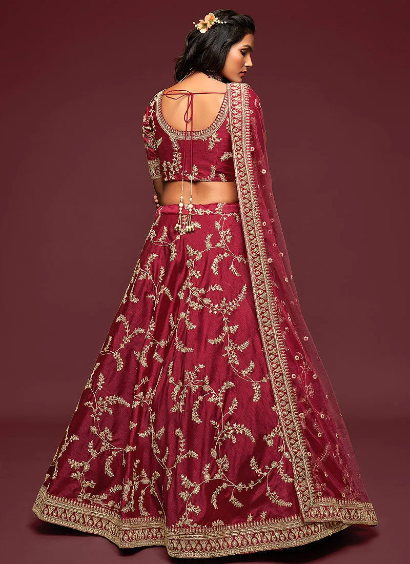 Maroon Zari Embroidered Silk Lehenga Choli