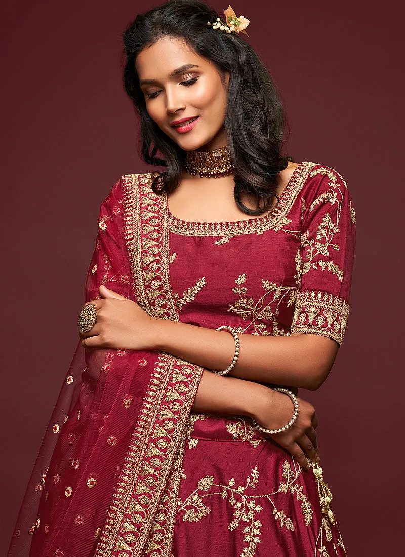 Maroon Zari Embroidered Silk Lehenga Choli