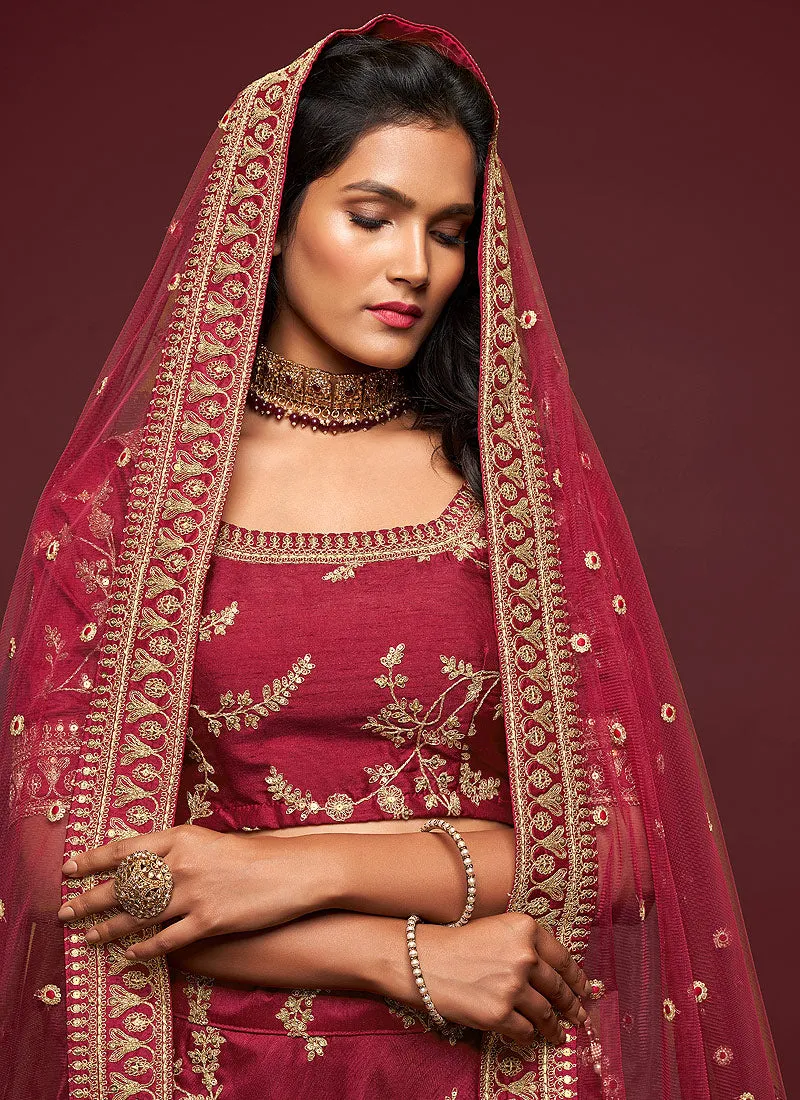 Maroon Zari Embroidered Silk Lehenga Choli