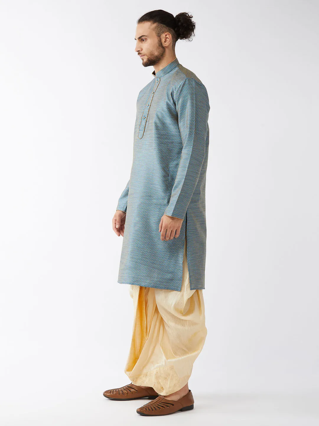 Men's Aqua Blue And Gold Silk Blend Kurta And Dhoti Set - Vastramay