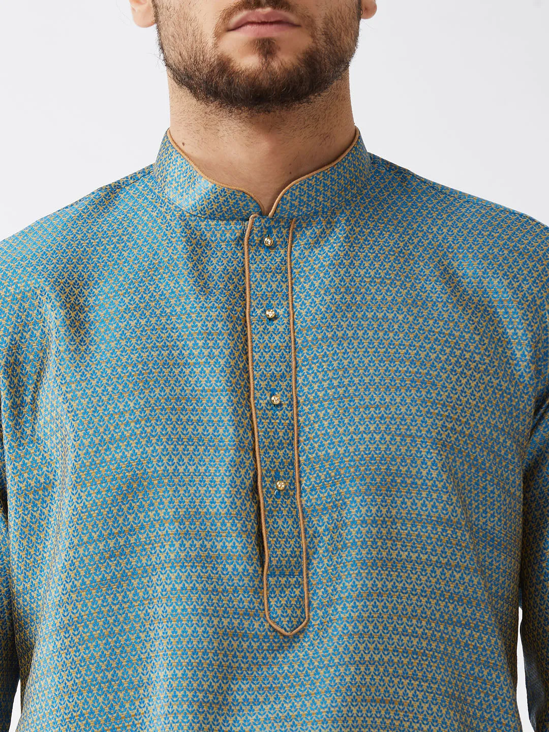 Men's Aqua Blue And Gold Silk Blend Kurta And Dhoti Set - Vastramay