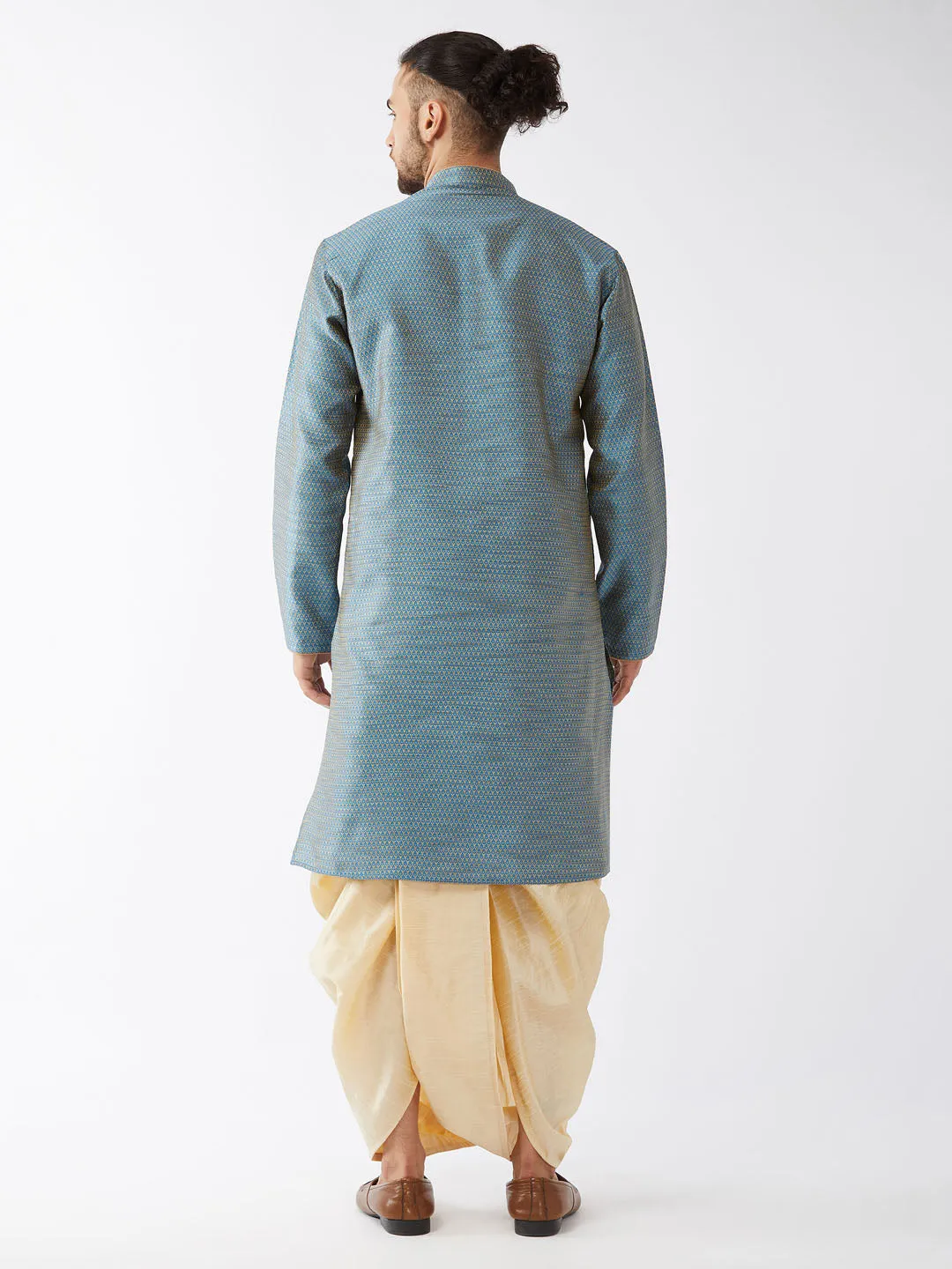 Men's Aqua Blue And Gold Silk Blend Kurta And Dhoti Set - Vastramay