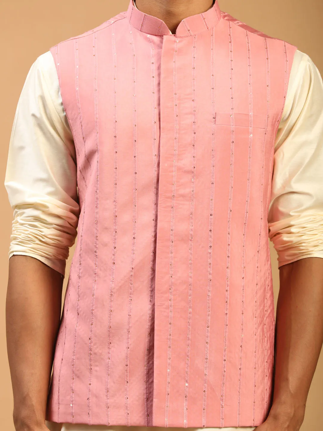 Men's Cream And Pink Viscose Jacket, Kurta, Pyjama And Dupatta Set - Shrestha By Vastramay