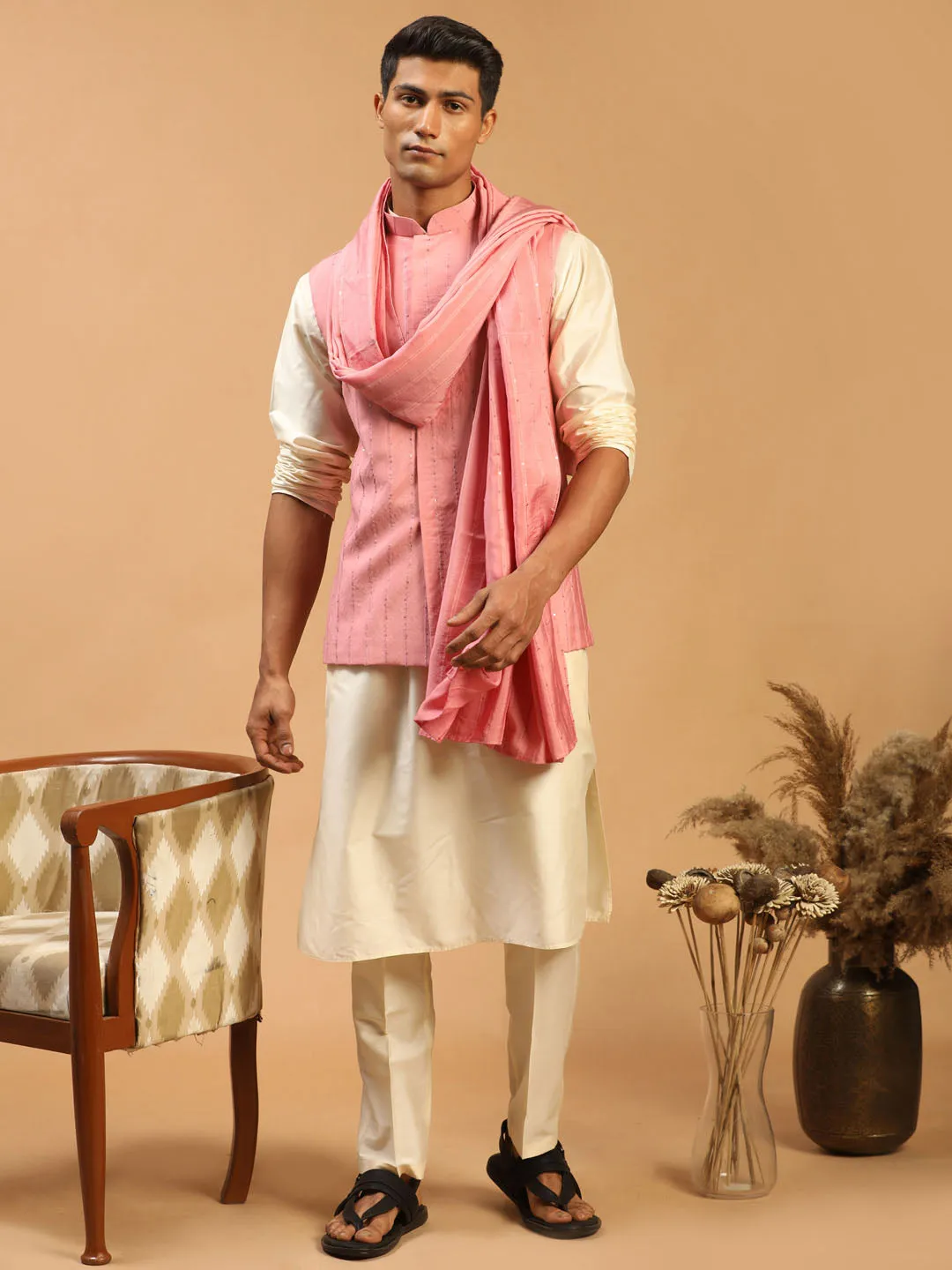 Men's Cream And Pink Viscose Jacket, Kurta, Pyjama And Dupatta Set - Shrestha By Vastramay