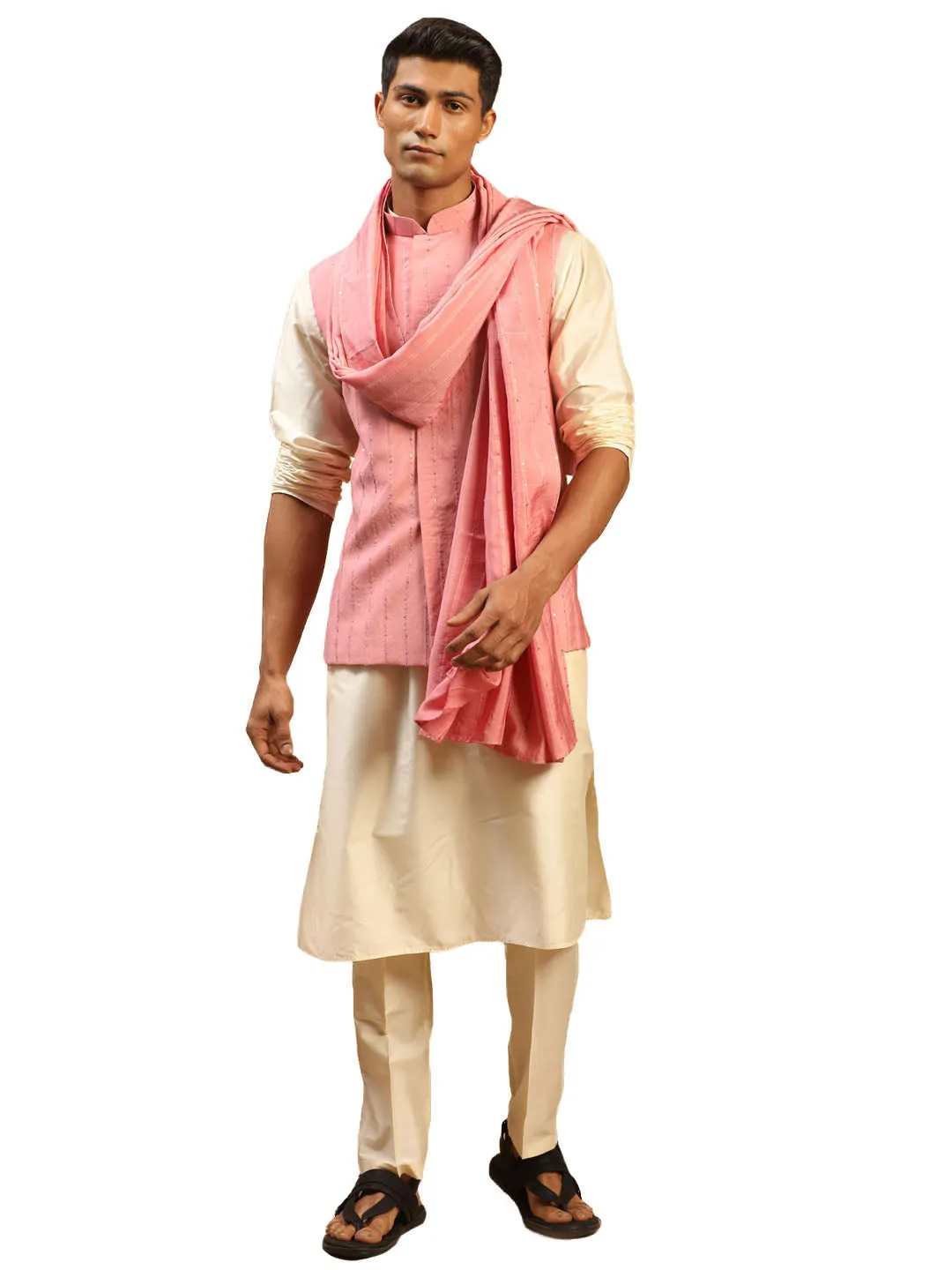 Men's Cream And Pink Viscose Jacket, Kurta, Pyjama And Dupatta Set - Shrestha By Vastramay