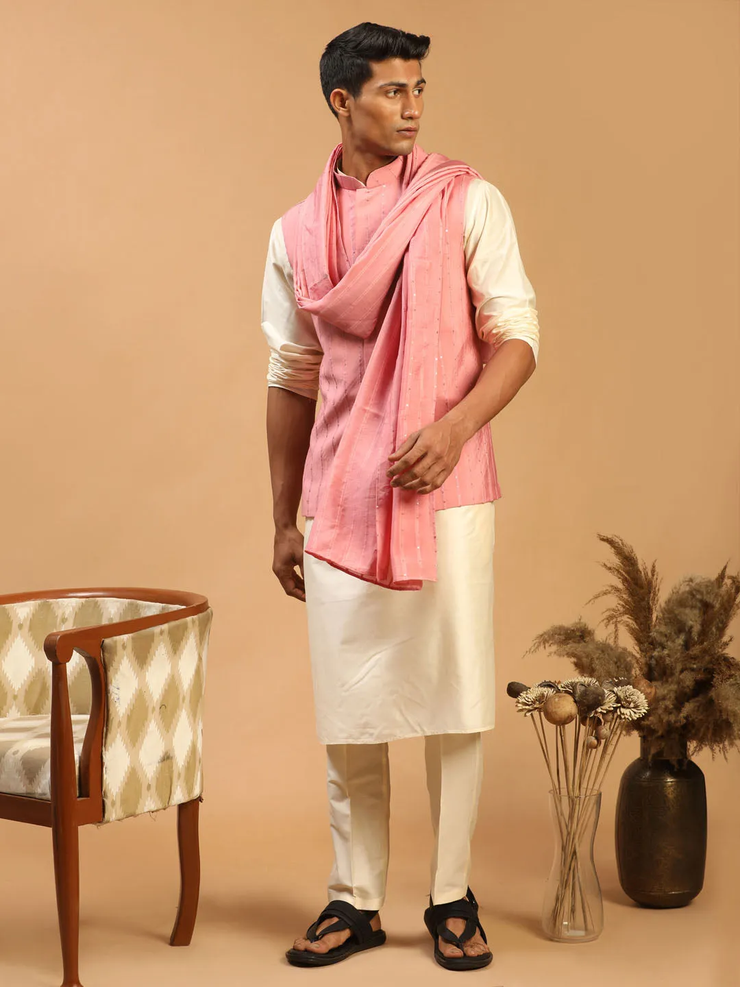 Men's Cream And Pink Viscose Jacket, Kurta, Pyjama And Dupatta Set - Shrestha By Vastramay