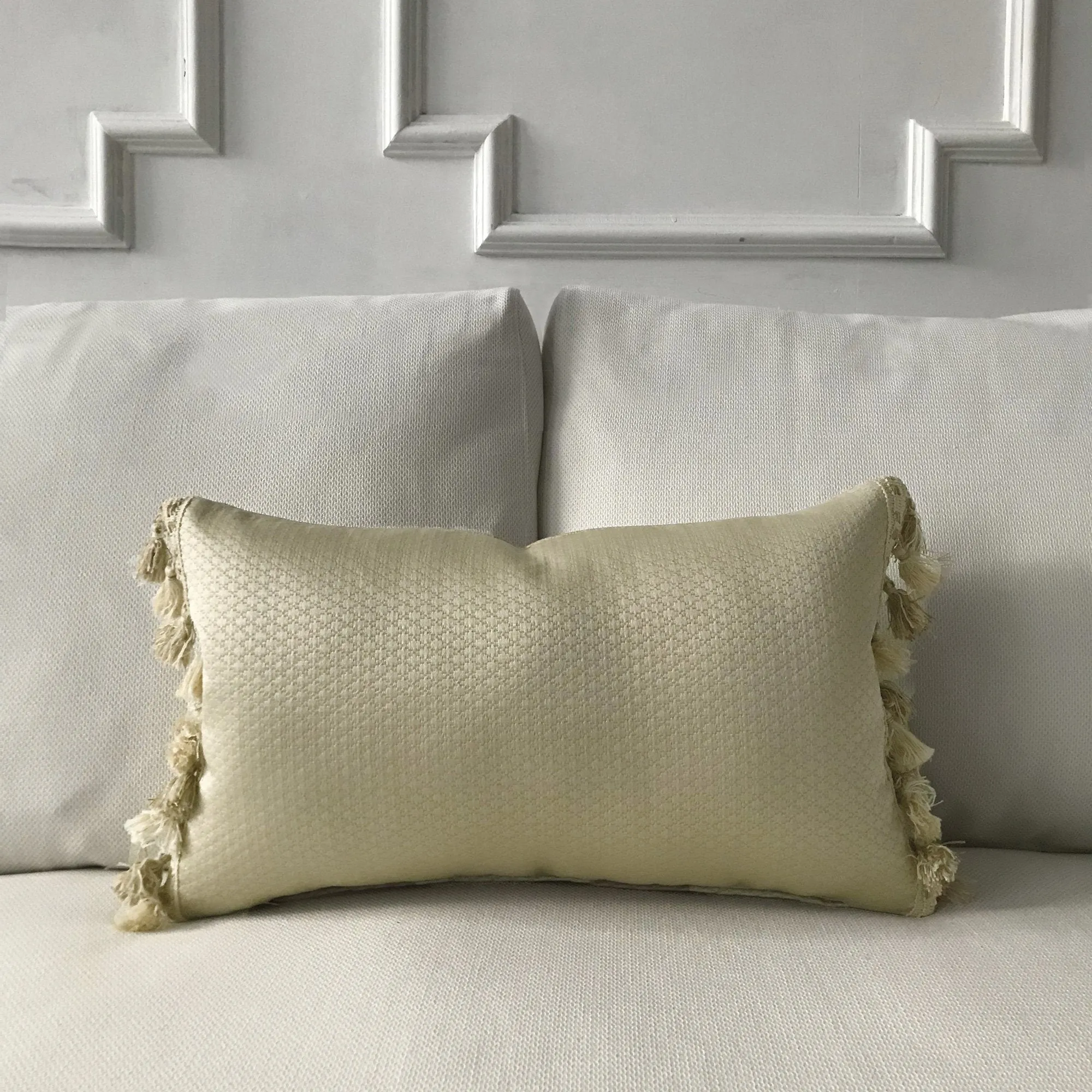 Metallic Taupe Textured Solid Lumbar Pillow Cover with Tassel Trim 13x22