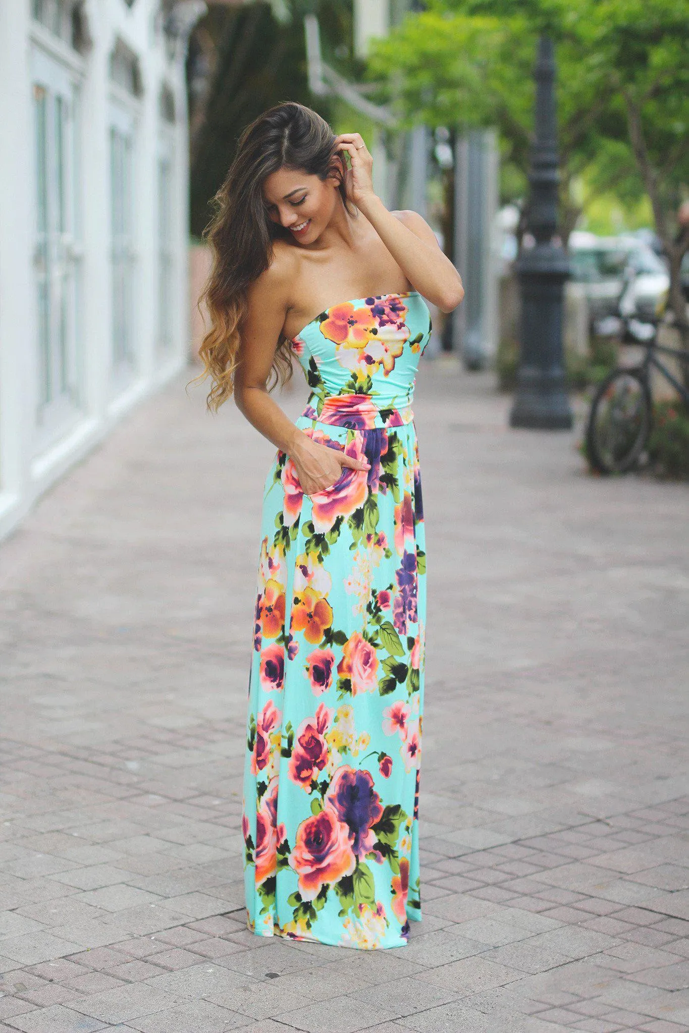 Mint Floral Maxi Dress with Pockets