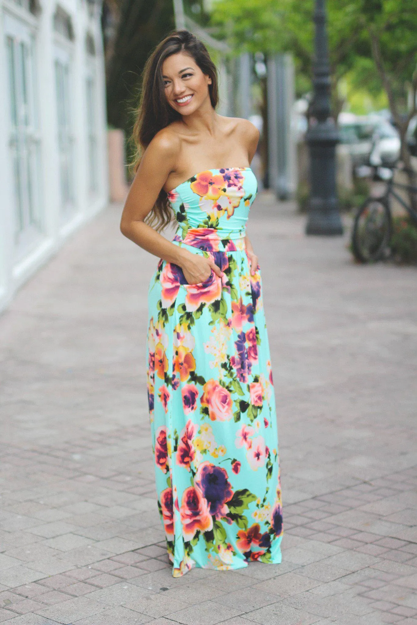 Mint Floral Maxi Dress with Pockets