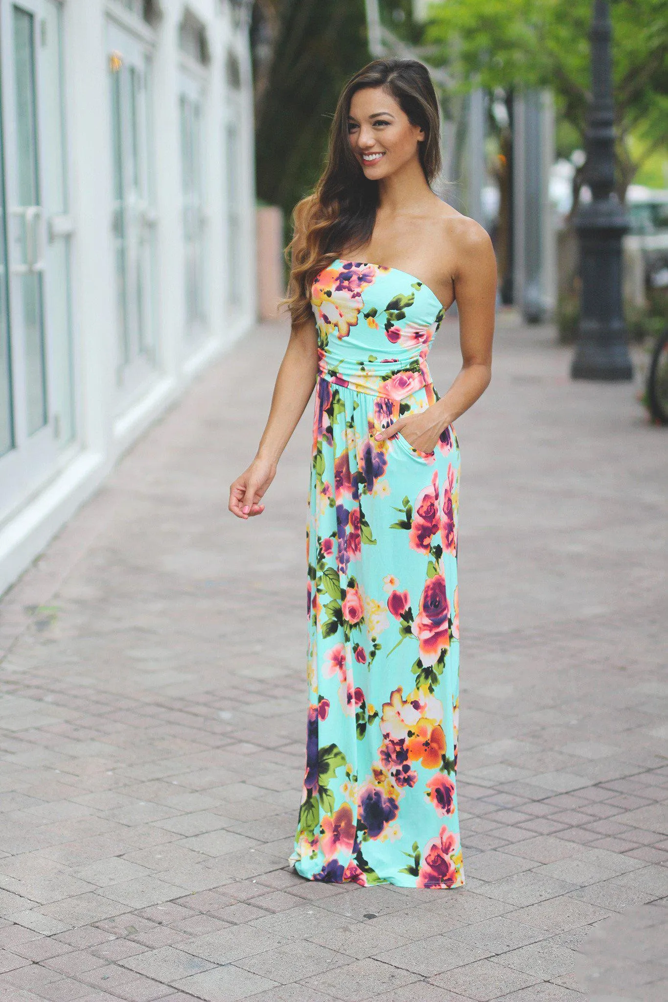 Mint Floral Maxi Dress with Pockets