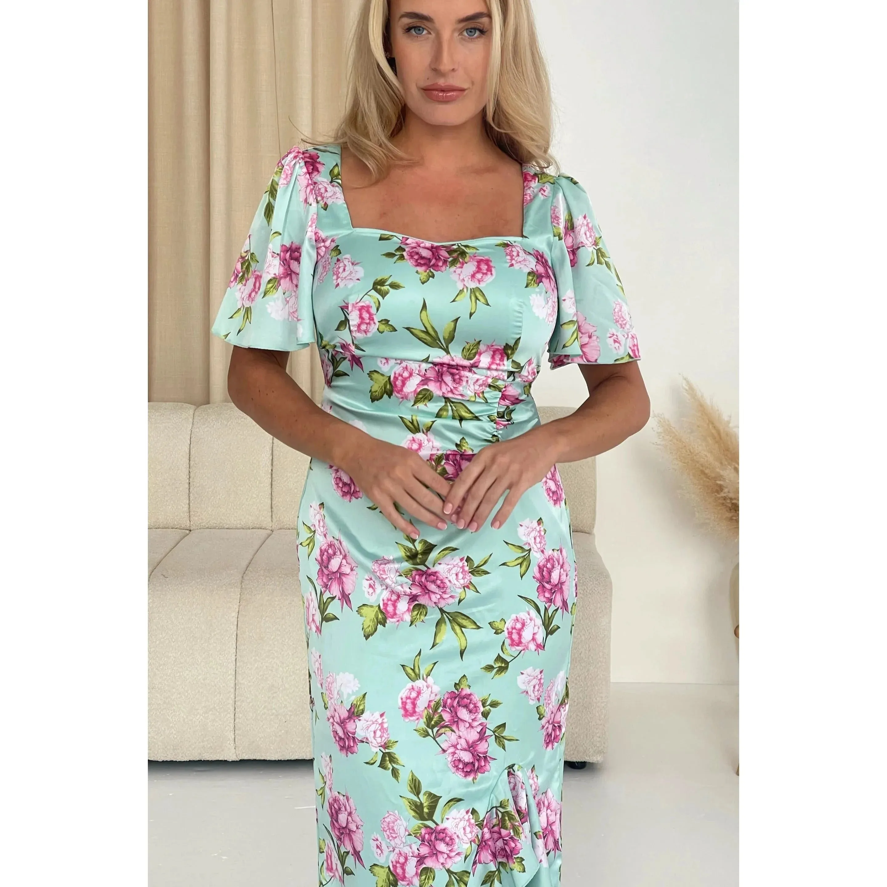 Mint Green & Pink Floral Satin Ruched Midi Dress With Sweetheart Neckline