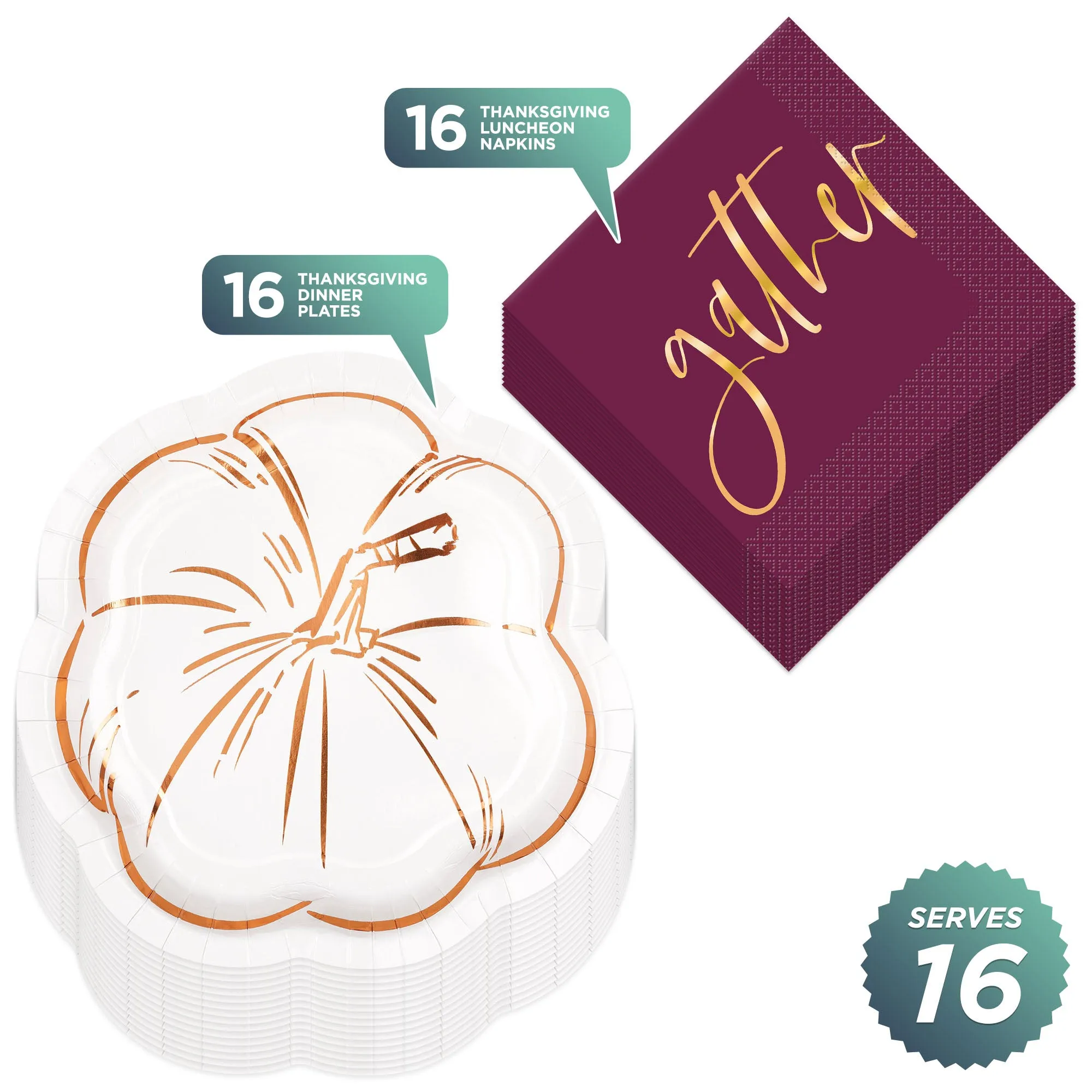 Modern Thanksgiving Pumpkin-Shaped Metallic Paper Dinner Plates and Gather Lunch Napkins for Fall Parties and Thanksgiving Meals (Serves 16)